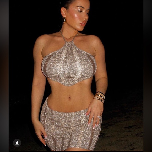 Hot Miami styles TAUPE METALLIC RIBBED KNIT HALTER SKIRT TWO PIECE SET - small - Picture 5 of 5